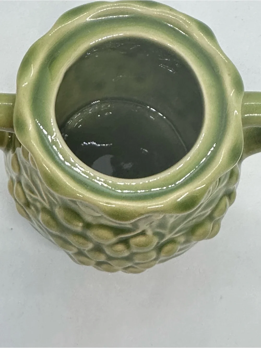 Vintage Green Grape Vine Ceramic Sugar Bowl with Lid and Creamer Set*Has Crazing
